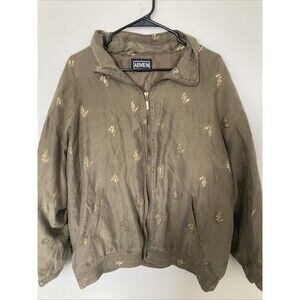 Abvien Vintage 100% Silk Khaki Butterfly Lightweight Bomber Jacket No Size Tag